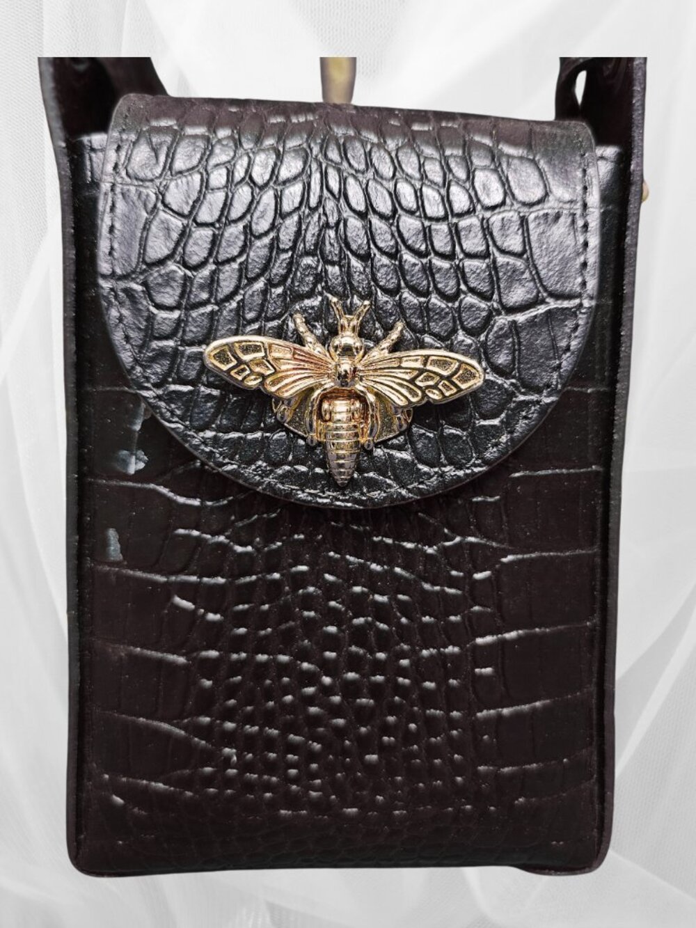 Persaman New York Black Croc Embossed Bee Phone Crossbody Bag